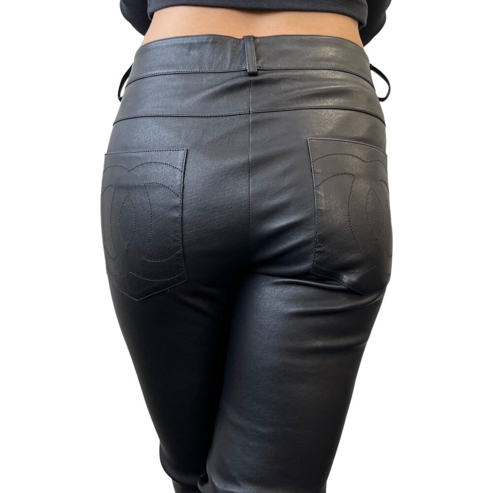 CHANEL Vintage P47479 CC Mark Logo Leather Pants #38 Button Zip Black [106010]